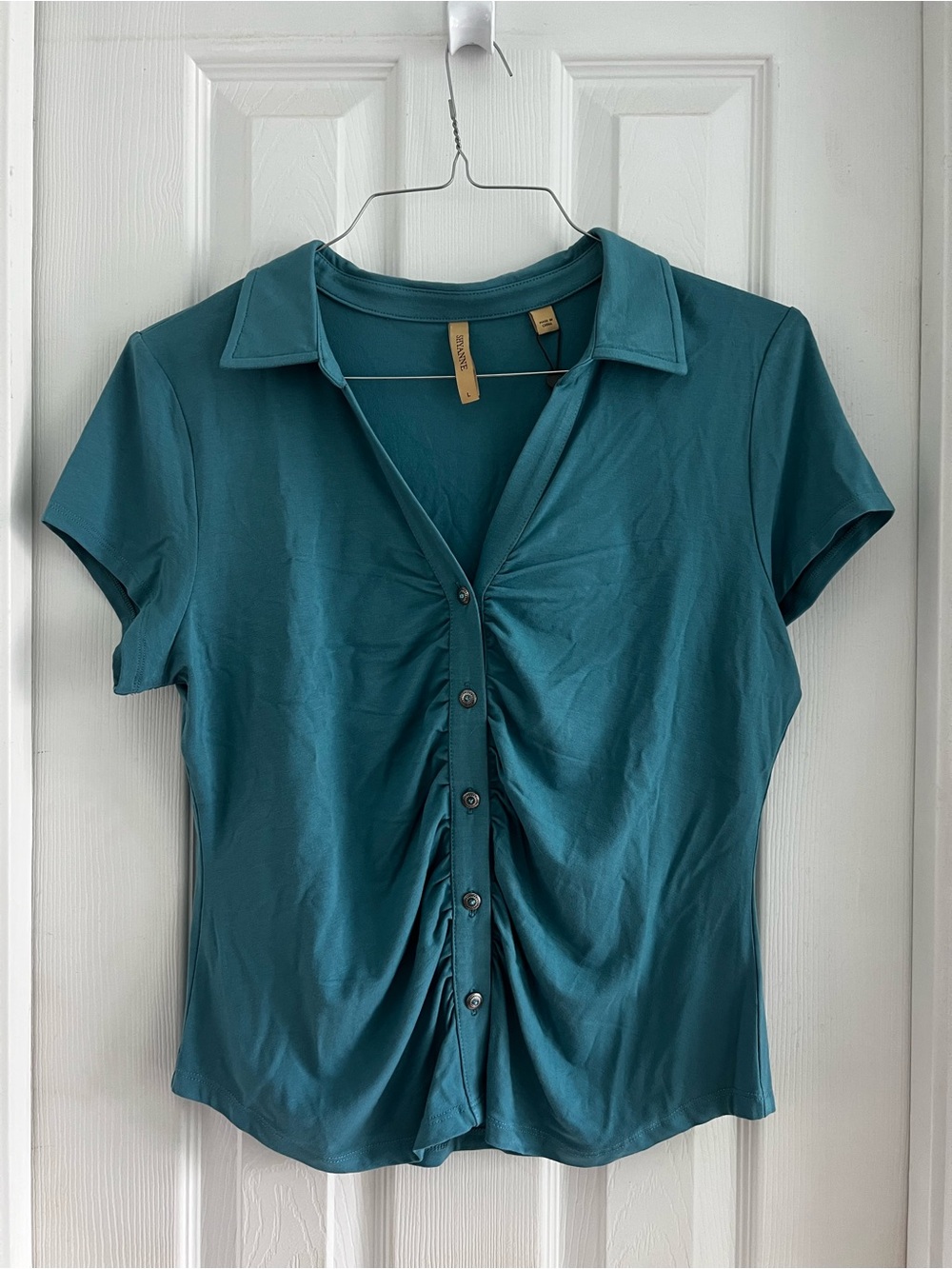 NWT Women's Turquoise Ruched Button Front Top